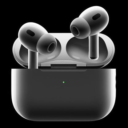 Black wireless earbuds in a charging case on a black background