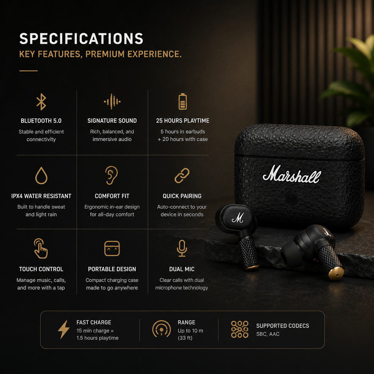 Marshall Wireless Earbuds – HD Sound & Comfortable Fit