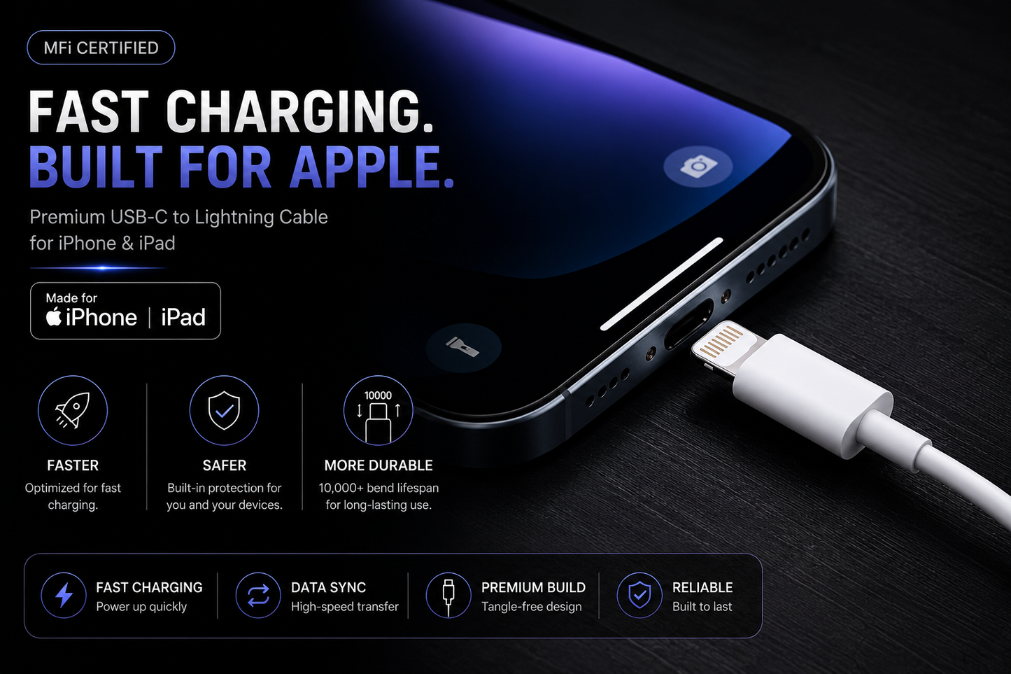 Premium USB-C to Lightning Fast Charging Cable for iPhone